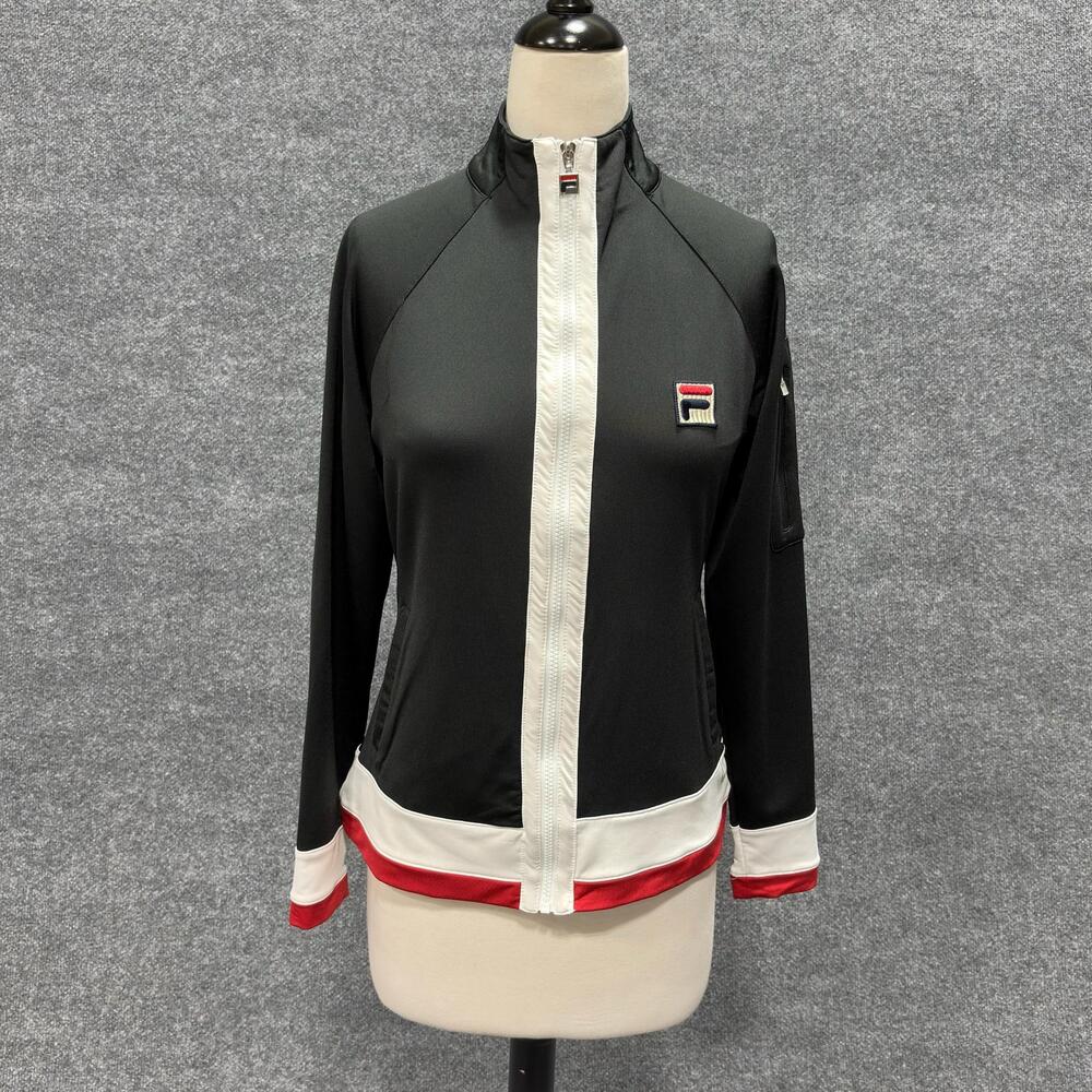 FILA Jacket Womens Small Black White Red Full Zip Track Colorblock Stretch